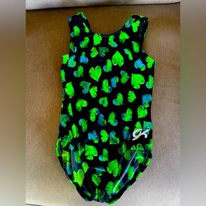 GK gymnastics leotard with green and blue hearts - child small.